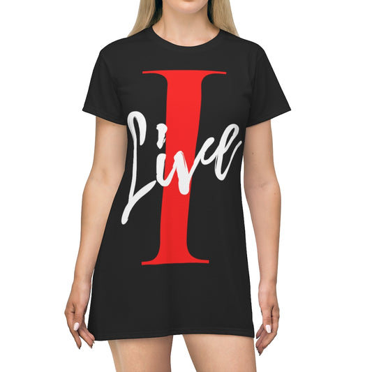 Oversized "I" LIVE On All Over Print T-Shirt Dress