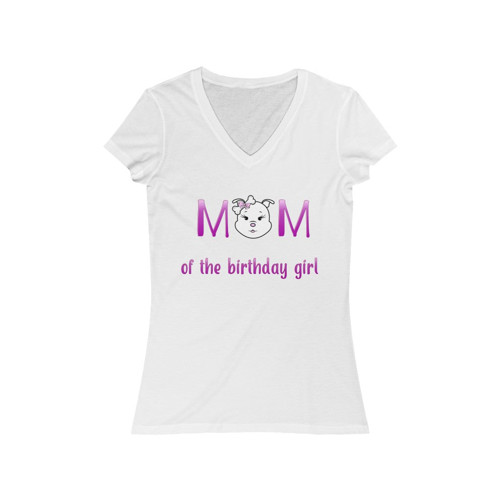 Mom of the Birthday Girl Women's Jersey Short Sleeve V-Neck Tee