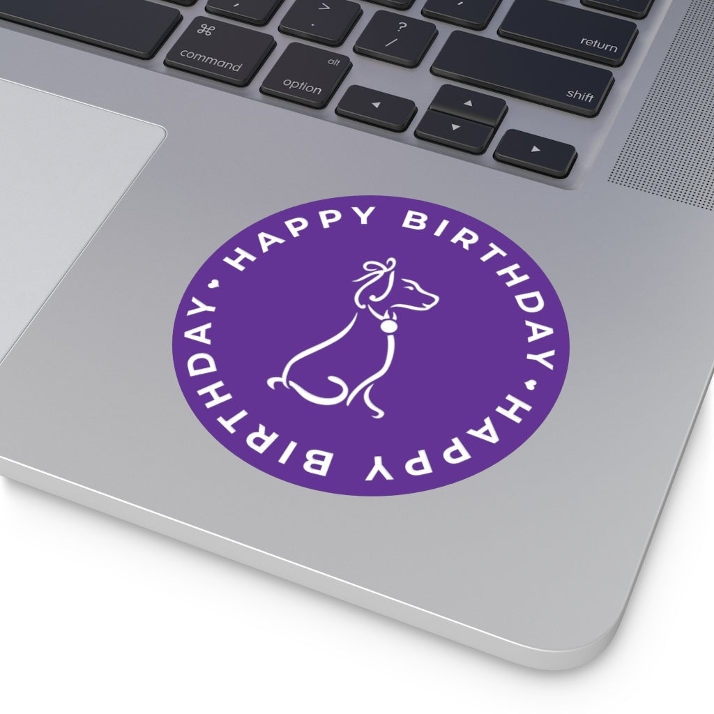 Poochie Diva's Happy Birthday On Purple Round Vinyl Stickers