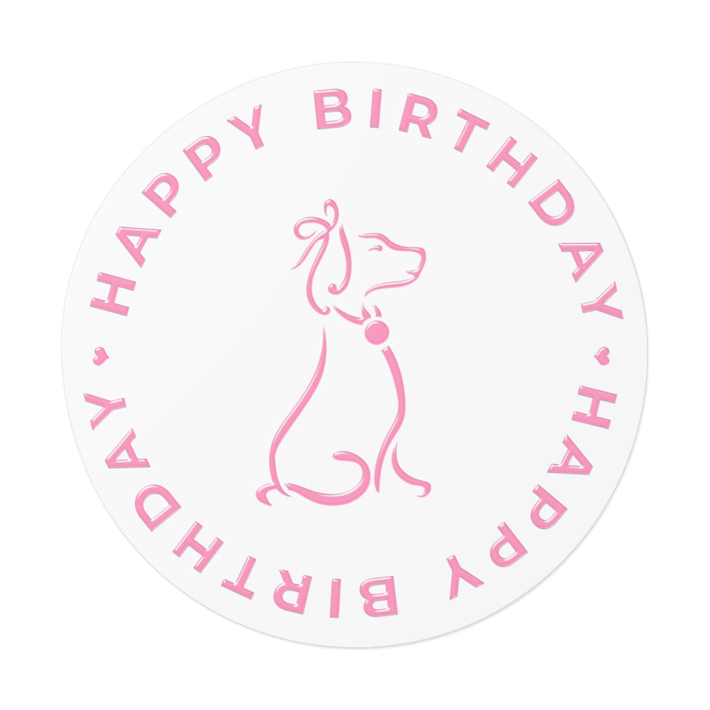 Pink Poochie Diva's Happy Birthday On White Round Vinyl Stickers