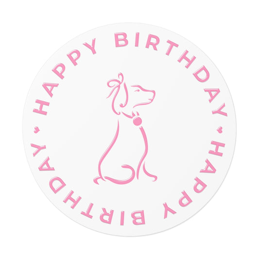 Pink Poochie Diva's Happy Birthday On White Round Vinyl Stickers