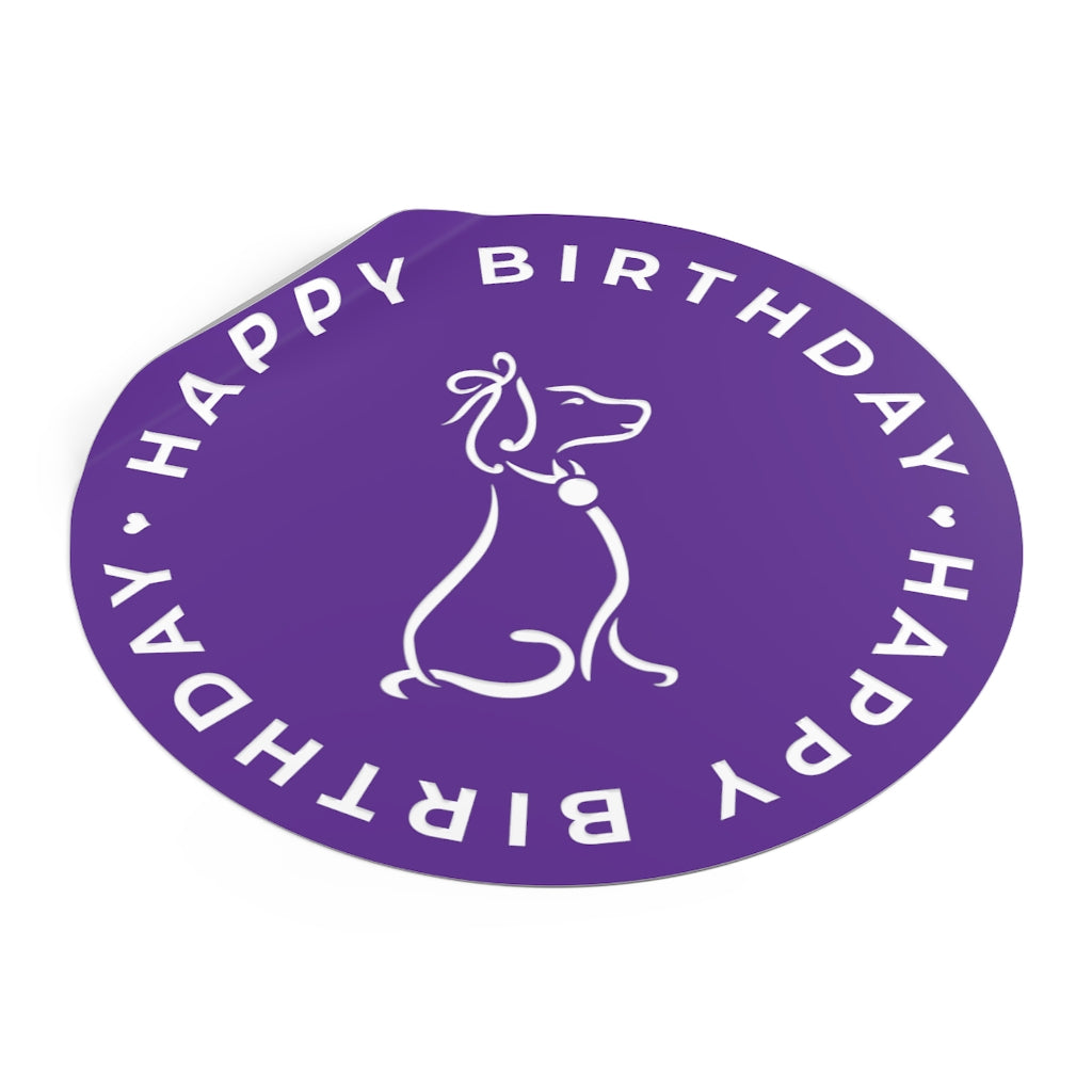 Poochie Diva's Happy Birthday On Purple Round Vinyl Stickers