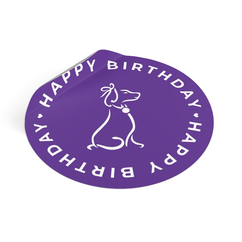 Poochie Diva's Happy Birthday On Purple Round Vinyl Stickers