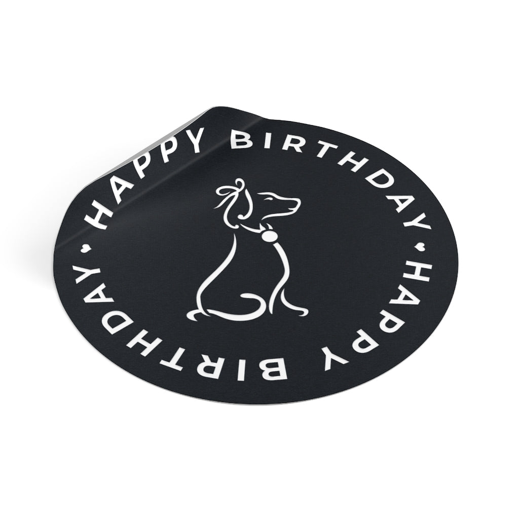 Poochie Diva's Happy Birthday On Black Round Vinyl Stickers