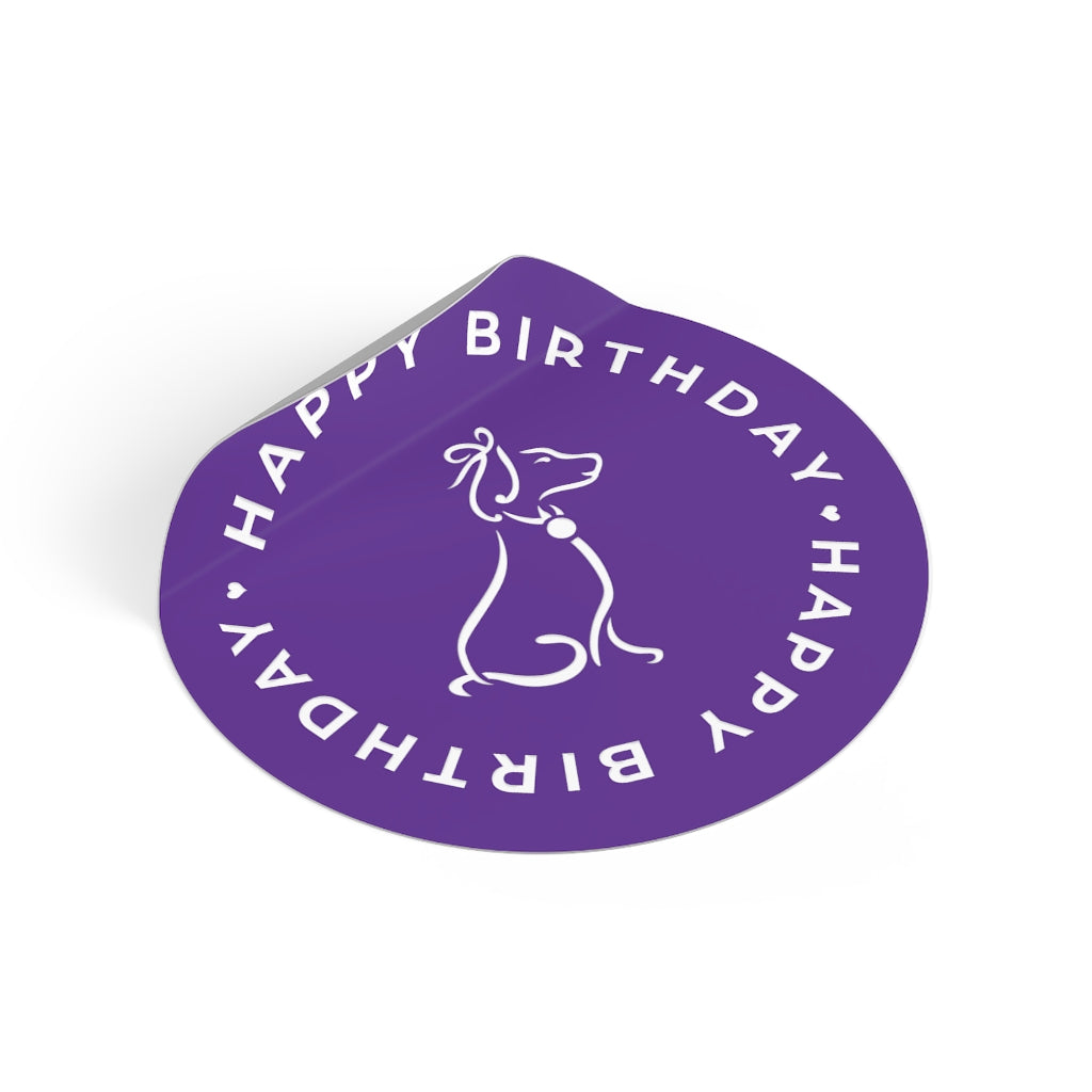 Poochie Diva's Happy Birthday On Purple Round Vinyl Stickers