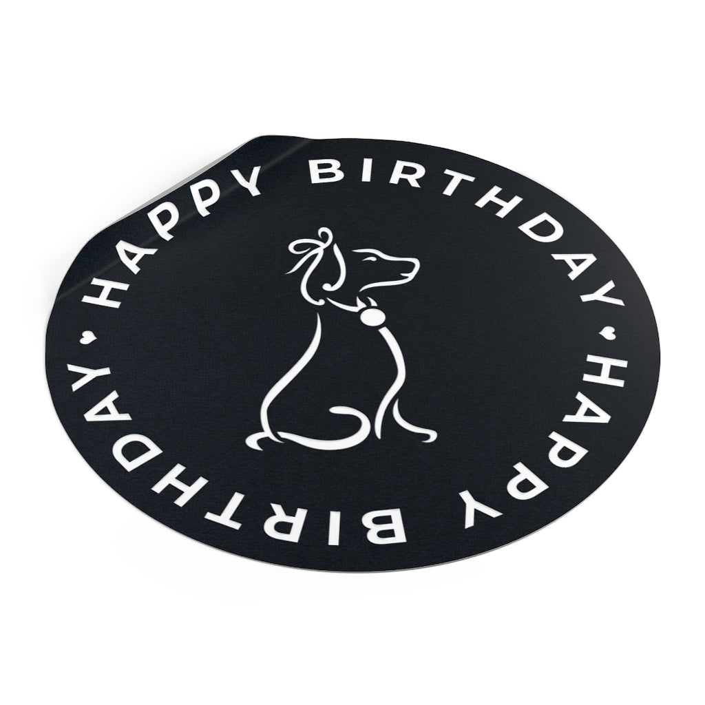 Poochie Diva's Happy Birthday On Black Round Vinyl Stickers