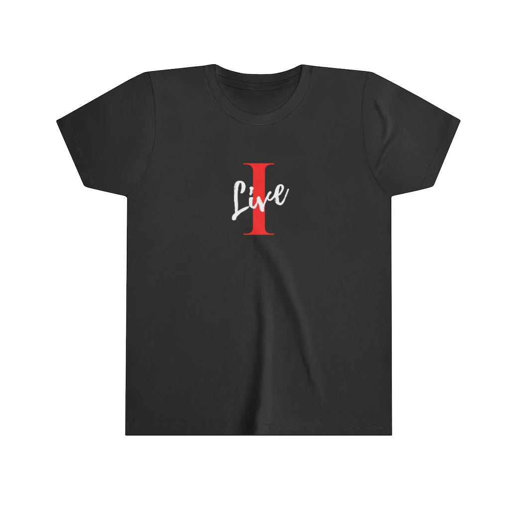 Oversized "I" Cursive LIVE On Black Youth Short Sleeve Tee